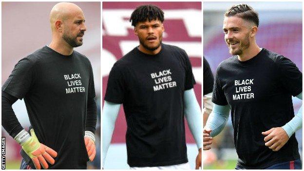 Aston Villa players warming up wearing Black Lives Matter shirts