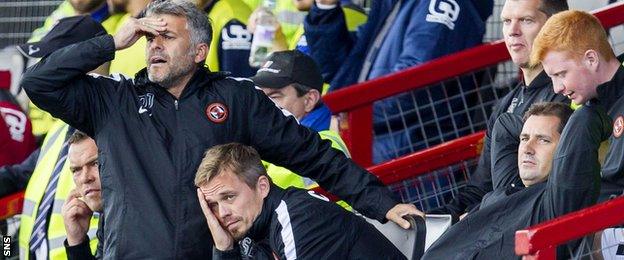 The Dundee United management team appear to be suffering as they watch their team trail