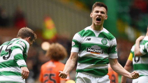 Celtic's Kieran Tierney celebrates against Dundee United