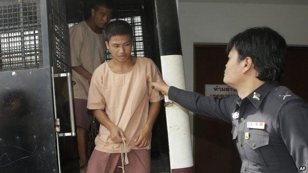 Zaw Lin, centre, and Wai Phyo (also known as Win Zaw Htun), rear, arrive at a provincial court in Surat Thani province, Thailand