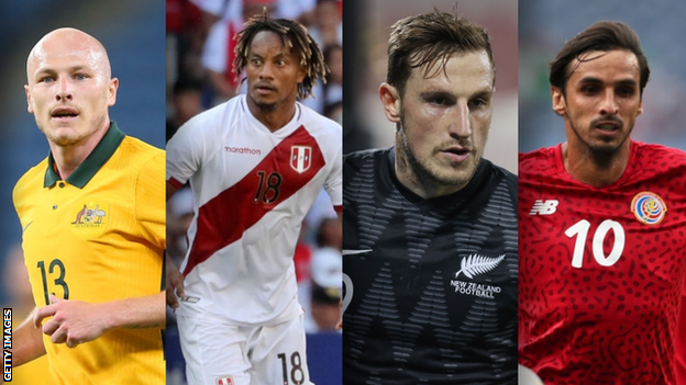 Australia's Aaron Mooy, Peru's Andre Carrillo, New Zealand's Chris Wood and Costa Rica's Bryan Ruiz