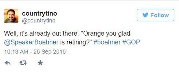 Tweet by @countrytino: Orange you glad Speaker Boehner is retiring?