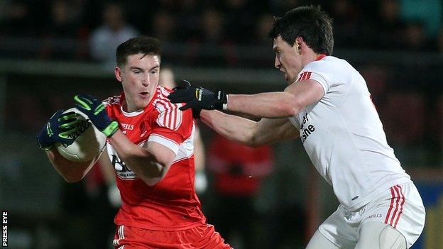 Gareth McKinless and Mattie Donnelly in action as Tyrone beat Derry at Healy Park