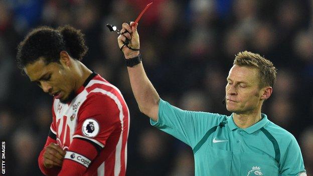 Virgil van Dijk is sent off in a match against West Brom