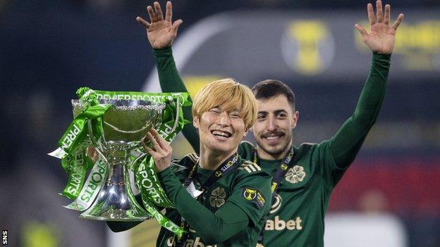 Celtic striker Kyogo Furuhashi with the Scottish League Cup