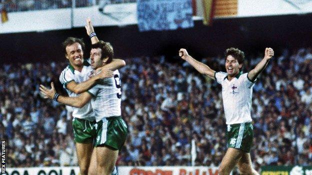 Gerry Armstrong celebrates scoring against Spain