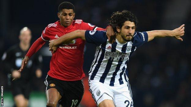 Marcus Rashford (left), Ahmed Hegazi (right)