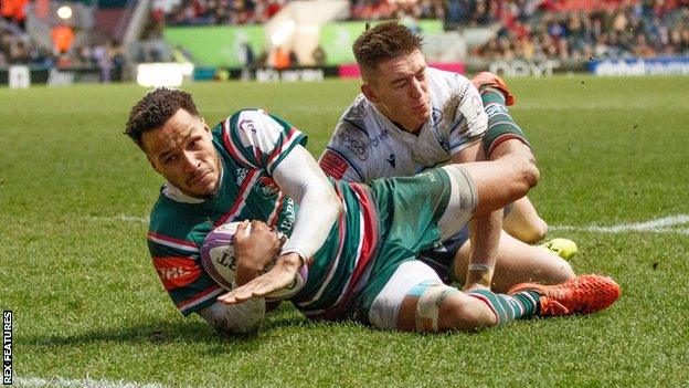 Jordan Olowofela scores Leicester's second try against Cardiff Blues
