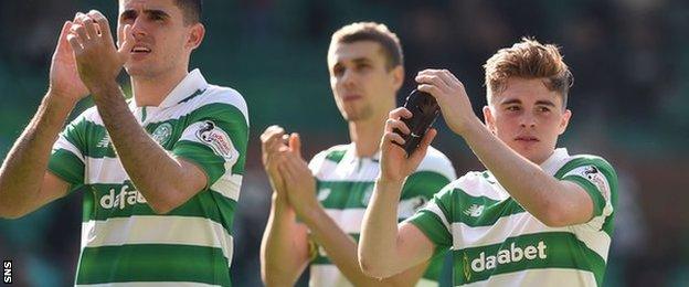 Tom Rogic and Celtic team-mates Jozo Simunovic and James Forrest