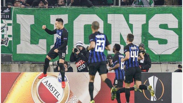 Lautaro Martinez celebrating scoring for Inter Milan against Rapid Vienna