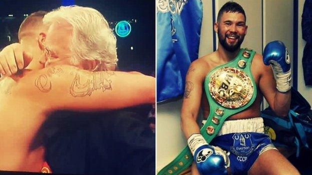 Bellew with Everton chairman Bill Kenwright and with the WBC world cruiserweight title in the Goodison Park changing rooms