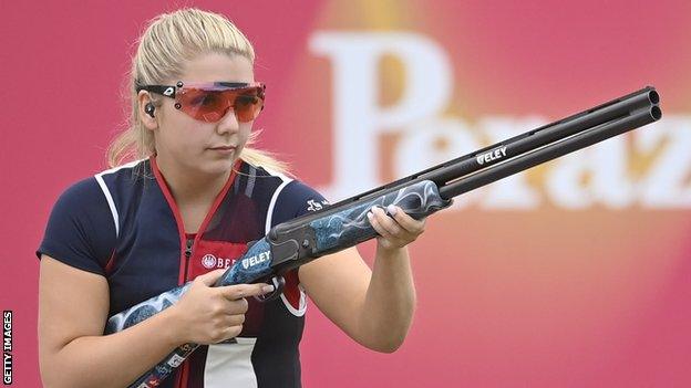 British skeet shooter Amber Hill prepares to take a shot