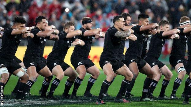 The All Blacks perform a haka during the Test series against the Lions