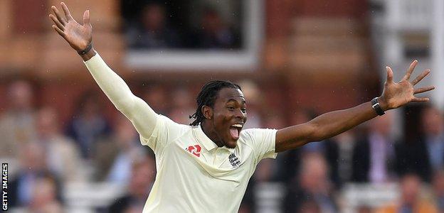 England fast bowler Jofra Archer celebrates taking a wicket during the Ashes against Australia