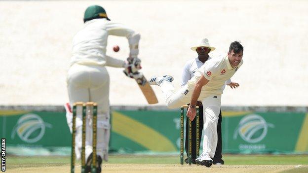 England bowler James Anderson bowls during a warm-up match against a Cricket South Africa Invitation XI