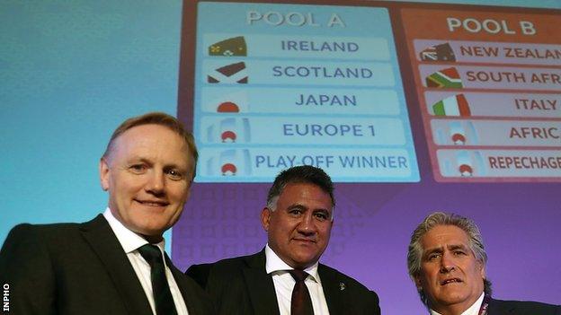 Ireland head coach Joe Schmidt (left) with Japan's coach Jamie Joseph and Scotland's Director of Rugby Scott Johnson after the Rugby World Cup draw in Japan