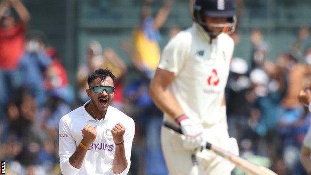 Axar Patel celebrates removing Joe Root