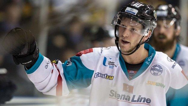 Giants forward Sebastien Sylvestre celebrates scoring against the Panthers at the the National Ice Centre