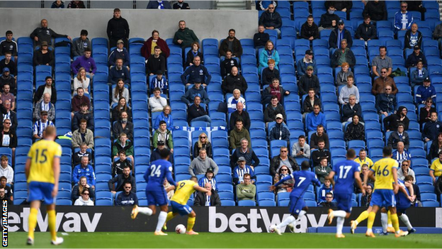 Socially distanced fans watch a pre-season friendly between Brighton and Chelsea