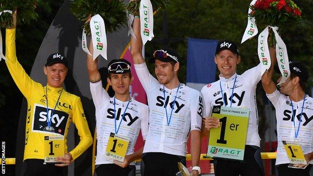 Luke Rowe (centre) and Chris Froome (left) celebrate with their Sky team-mates