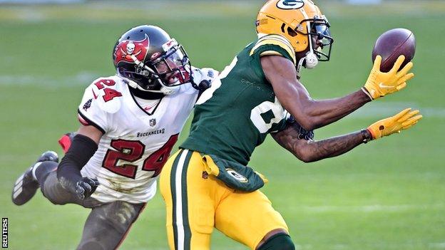 Marquez Valdez-Scantling scores a touchdown for the Green Bay Packers