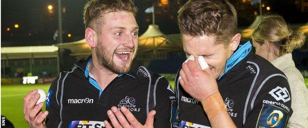 Finn Russell and Henry Pyrgos share a joke at full time