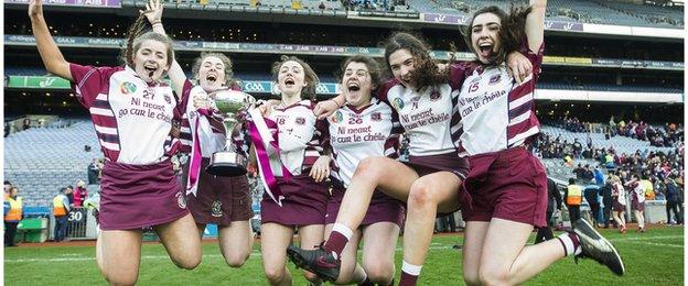 Slaughtneil players celebrate their win over Galway club Sarsfields at Croke Park