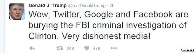 Trump Tweet: Wow, Twitter, Google and Facebook are burying the FBI criminal investigation of Clinton. Very dishonest media!