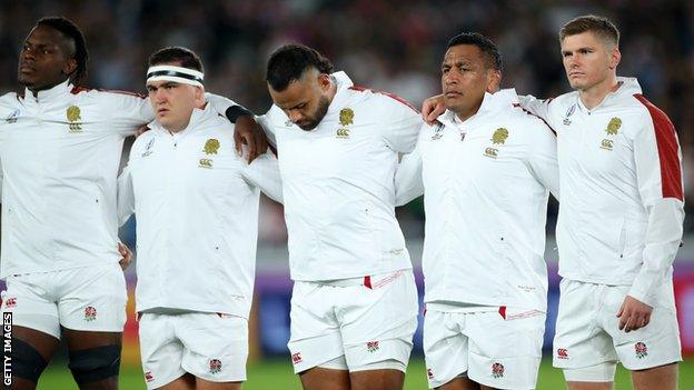 Maro Itoje, Jamie George, Billy Vunipola, Mako Vunipola and Owen Farrell of England line up for the national anthem prior to the Rugby World Cup 2019 final between England and South Africa