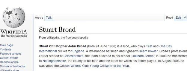 Stuart Broad's Wikipedia page