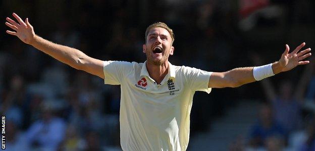 England bowler Stuart Broad celebrates dismissing Australia's Steve Smith in the final Ashes Test at The Oval