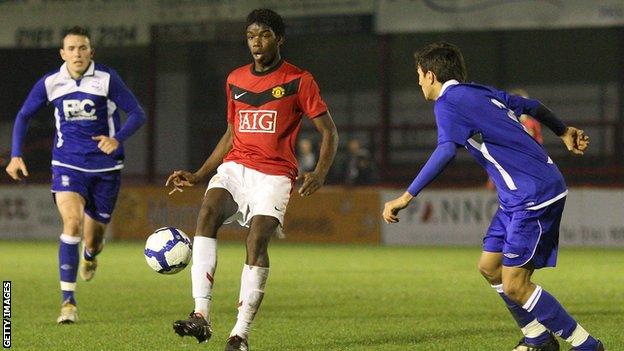 Paul Pogba of Manchester United in action during the FA Youth Cup Third Round match against Birmingham City at Moss Lane on 10 December 2009