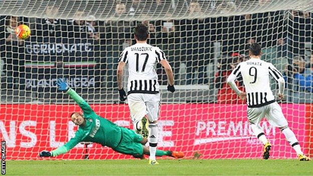 Alvaro Morata (right) scores for Juventus against Inter Milan