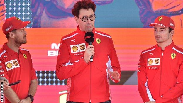 Sebastian Vettel, Mattia Binotto and Charles Leclerc