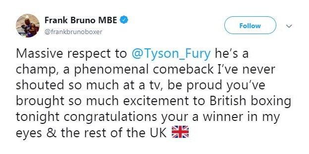 Former British heavyweight Frank Bruno also thought Fury was the winner