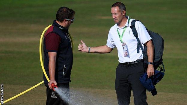 Dean Cosker chats to a Somerset groundsman