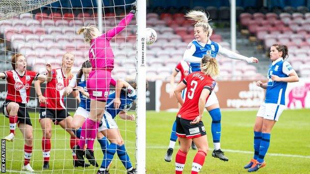 Mollie Green heads in Birmingham City's opening goal against Southampton