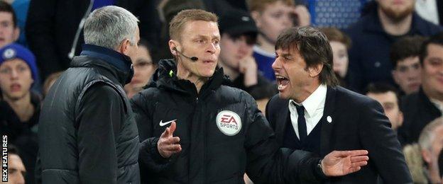 Jose Mourinho (left) and Antonio Conte (right) are separated by the fourth official