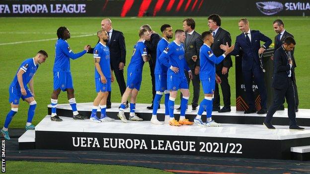 Rangers players receive their Europa League runners-up medals