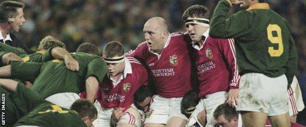 Paul Wallace, Keith Wood and Tom Smith pack down for the British and Irish Lions against South Africa