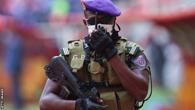 A Cameroonian soldier at the Nations Cup opening ceremony