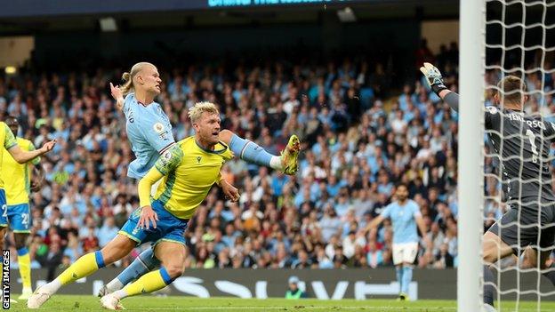 Erling Haaland scores Manchester City's first goal against Nottingham Forest