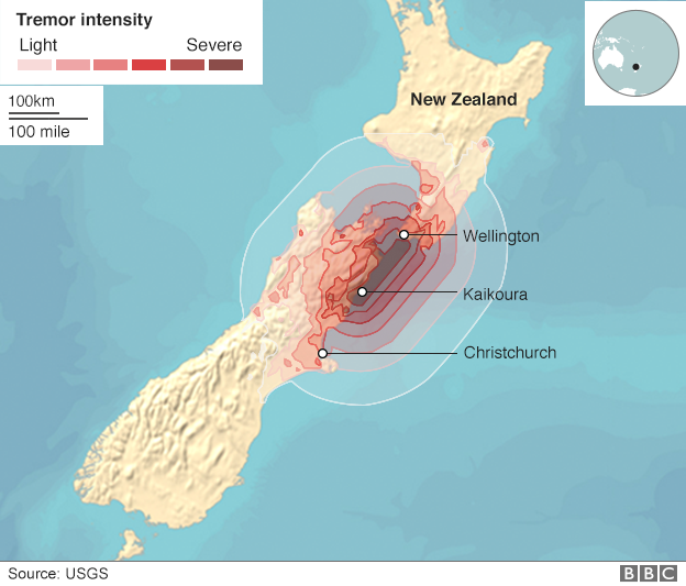 Map showing where tremors were most intense