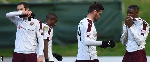 Hearts players cut dejected figures at Firhill after their 2-0 defeat by Partick Thistle