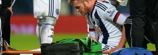 Chris Brunt was stretchered off 44 minutes into Albion' 3-2 home win over Crystal Palace in February