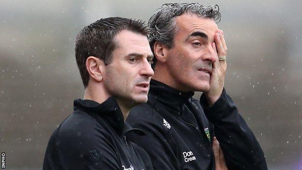 Then assistant boss Rory Gallagher watches with Jim McGuinness as Donegal implode in the 2013 All-Ireland quarter-final against Mayo