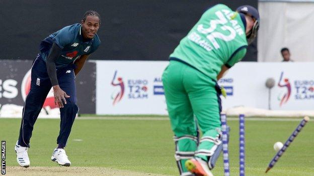 England all-rounder Jofra Archer bowls Ireland's Mark Adair with a yorker during the one-off ODI at Malahide