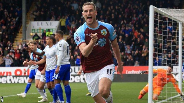 Chris Wood celebrates scoring for Burnley against Cardiff City