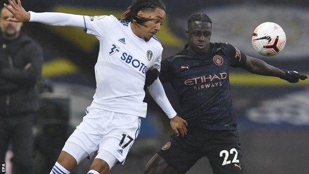 Leeds United's Helder Costa in action with Manchester City's Benjamin Mendy