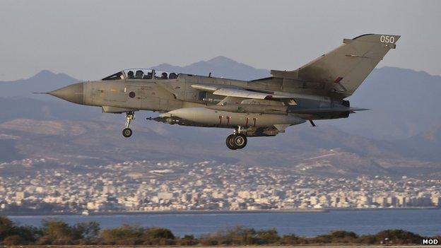 RAF Tornado GR4 returning to RAF Akrotiri in Cyprus after an armed mission against IS forces in Iraq on 30 September 2014